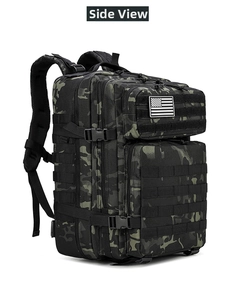 Side view of large tactical camo backpack with MOLLE system and USA flag patch
