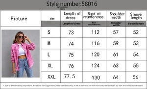 Detailed size guide table for long sleeve distressed denim jacket with frayed edges