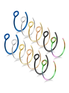 Set of 12 multi-colored U-shaped stainless steel non-pierced nose rings and ear clips