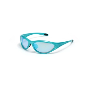 Y2K futuristic turquoise sports sunglasses with blue mirrored lenses in 45-degree view