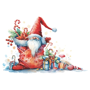 Festive watercolor Christmas gnome wall decal with gift boxes and candy canes