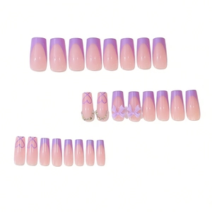 French taro purple press-on nails set with 3D bows and rhinestones on coffin shape