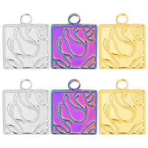 Square Pendant Necklace Stainless Steel 18K Gold Plated Abstract Embossed Flower Swan Geometric Jewelry For Women