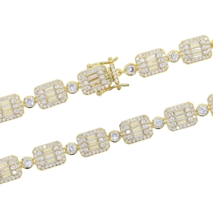 Macro view of gold chain bracelet with 10x8mm rectangular zircon stones and pave setting