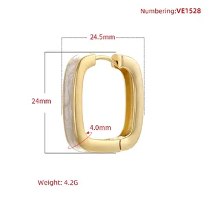 Golden geometric square hoop earrings with white enamel inlay and detailed dimensions