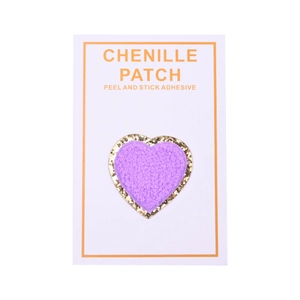 Detail of purple chenille heart patch with gold glitter edge and peel-and-stick backing