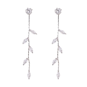 Elegant zircon leaf tassel earrings with silver needle in long dangled crystal design