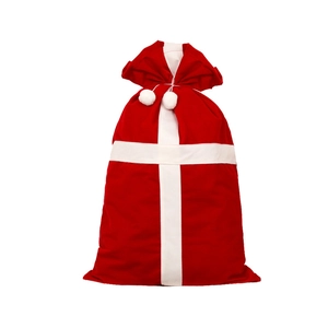 Large red Christmas velvet drawstring gift bag with white ribbons and plush pom poms