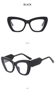 Detail of black cat-eye sunglasses featuring thick frames and polished finish from multiple angles