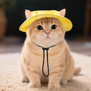 Detailed view of yellow pet sun hat with ear holes and adjustable drawstring for cats