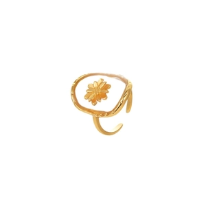 18K gold plated stainless steel open ring with a geometric floral design in clear resin
