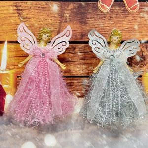Pink and silver standing Christmas angel ornaments with glitter skirts and hollow wings