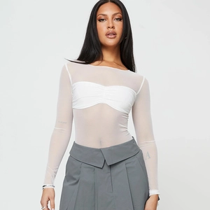 Minimalist white sheer mesh long sleeve top with matching bandeau camisole for women