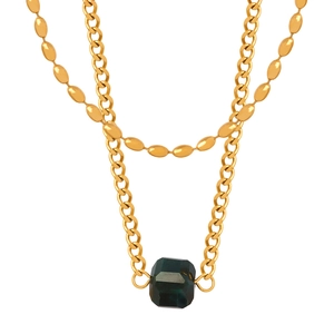 Double-layered gold titanium necklace with rice beads and dark green agate pendant