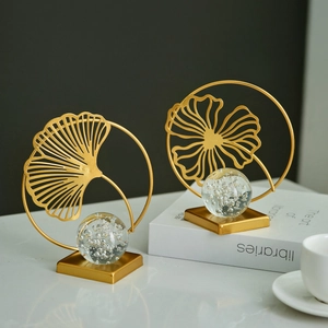 Nordic creative golden ginkgo leaf metal ornament with a clear bubble glass ball base