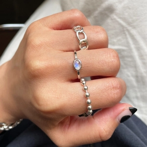Minimalist 925 sterling silver ring set featuring bead, chain, and opal stone designs