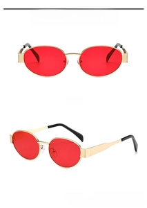 Front and 45-degree side views of retro oval sunglasses with gold metal frames and red lenses