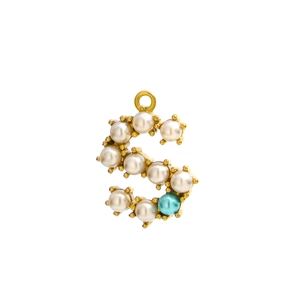 Close-up of golden letter S pendant featuring white pearls and a light blue pearl accent