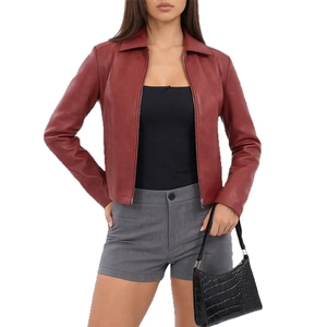 Slim fit reddish brown faux leather jacket with zipper closure and lapel collar for women