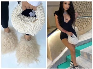 Detail of white textured plush handbag and fuzzy faux fur slippers set in a lifestyle view