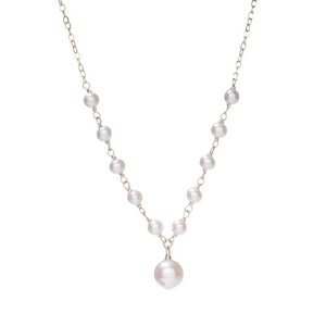 Elegant freshwater pearl necklace with golden chain and large pearl pendant on white background