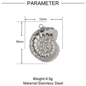 Macro view of stainless steel ammonite pendant with dimensions 15mm by 20mm