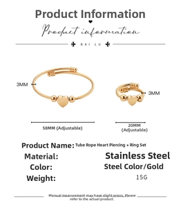 Detailed size specifications for gold stainless steel cable wire heart bracelet and ring set