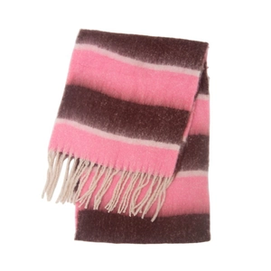 Close-up of thick striped knit scarf with pink and brown wide stripes and soft fringe detail