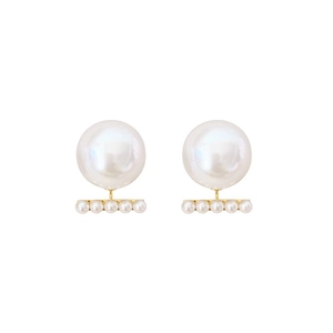 Elegant large round white pearl earrings with gold metal accents and five small pearls