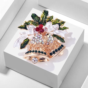 Christmas Bells Brooch For Women Gold Alloy Rhinestone Enamel Bow Holly Leaf Festive Pins Holiday Jewelry Brooches Gift