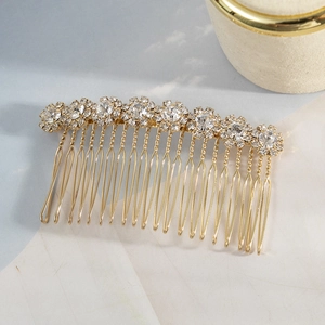 Elegant gold bridal hair comb with eight sparkling rhinestone sun flowers on metal teeth