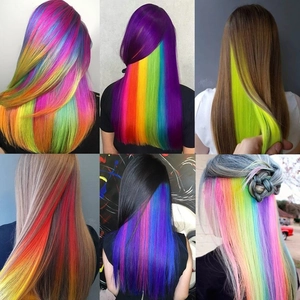 Rainbow gradient clip-in hair extensions with vibrant ombre colors for women