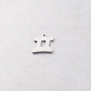 Macro detail of 15mm mirror polished stainless steel zodiac charm on stone background