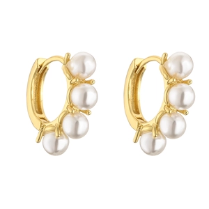 Detail of 18K gold plated hoop earrings featuring four round white inlaid pearls