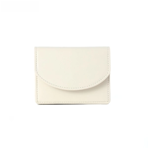 Close-up of minimalist cream white leather short wallet with neat stitching detail
