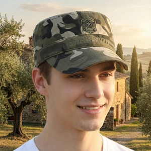 Men's camouflage cadet cap with Army embroidery and sports spirit patch in outdoor setting