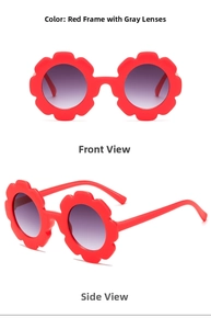Close-up of red flower kids sunglasses with round gradient lenses and floral frame