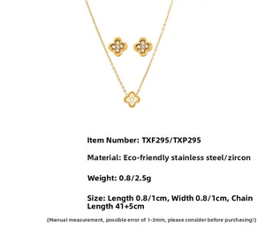 Detail view of 18k gold plated clover jewelry set with dimensions and specifications