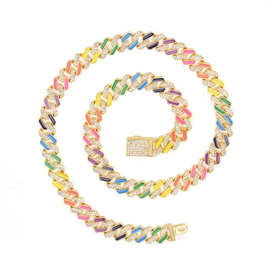 Hip hop Cuban link necklace featuring gold plating with multicolor enamel and sparkling crystals
