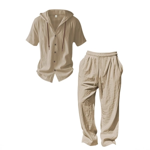 Ensemble d'été en lin pour homme avec chemise à capuche et pantalon à cordon en beige