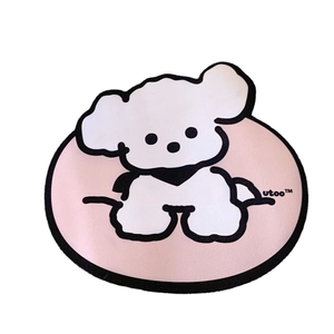 Cute pink oval desk mat featuring a cartoon dog illustration and soft fiber texture