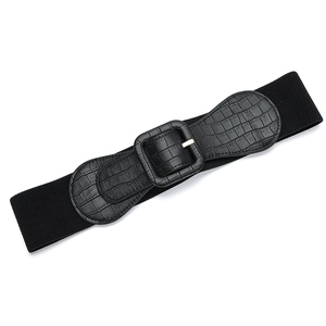 Elegant wide elastic waist belt for dresses featuring black faux crocodile leather and square buckle