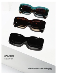 Three square retro sunglasses in green, tortoiseshell, and black on white platforms