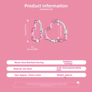 Detailed size specifications for 925 sterling silver rose red heart shape hoop earrings