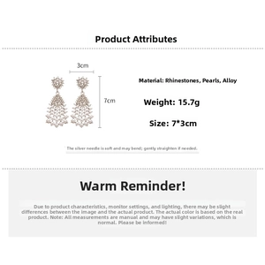 Detailed size chart for vintage pearl drop earrings with silver needle and rhinestones