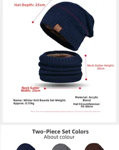 Detail view of winter knit beanie and scarf set with dimensions and fleece lining specs