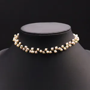 Natural Freshwater Pearl Necklace Handmade Copper Gold Plated Choker Double Layer Elegant Clavicle Chain Jewelry Women