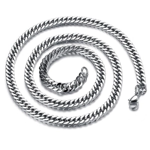 Polished silver stainless steel Cuban link chain necklace with lobster clasp on white background