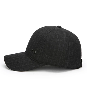 Men's wool baseball cap in dark gray stripes with ear protection and metal logo