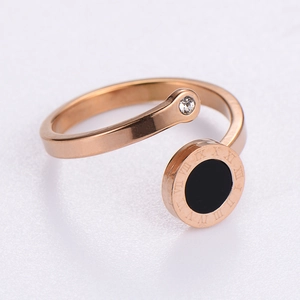 Rose gold stainless steel open ring with roman numerals and sparkling cubic zirconia crystal